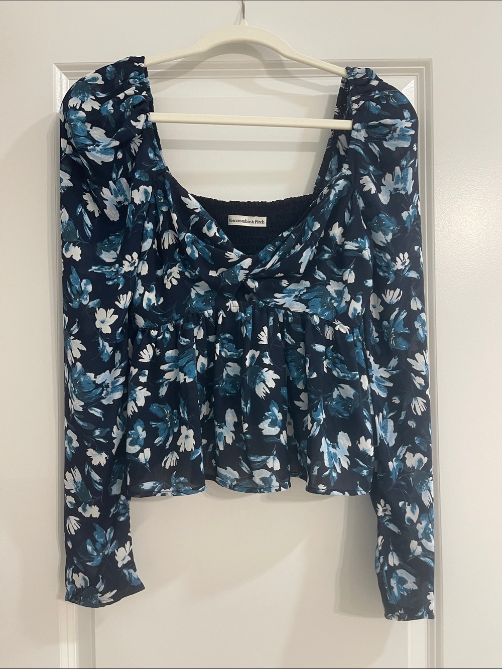 Abercrombie & Fitch Navy Blue Floral Long-Sleeve Peplum Blouse